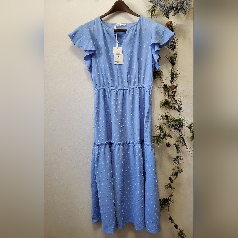 Light Blue Flutter Sleeve Midi Dress